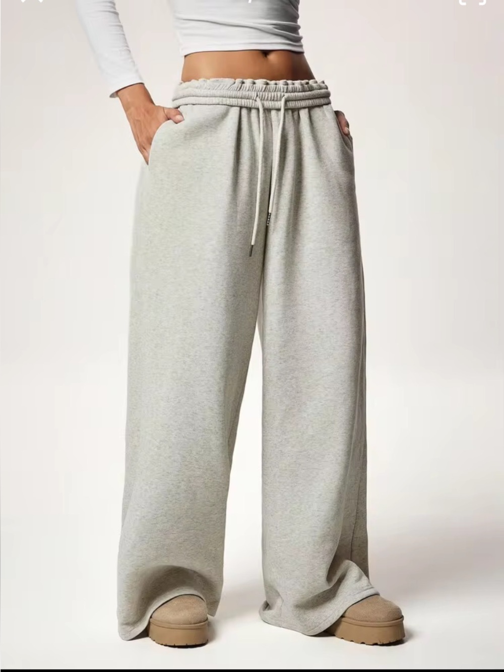 Forever 21 Fleece Light Gray Wide-Leg Drawstring Sweatpants Lounge pants